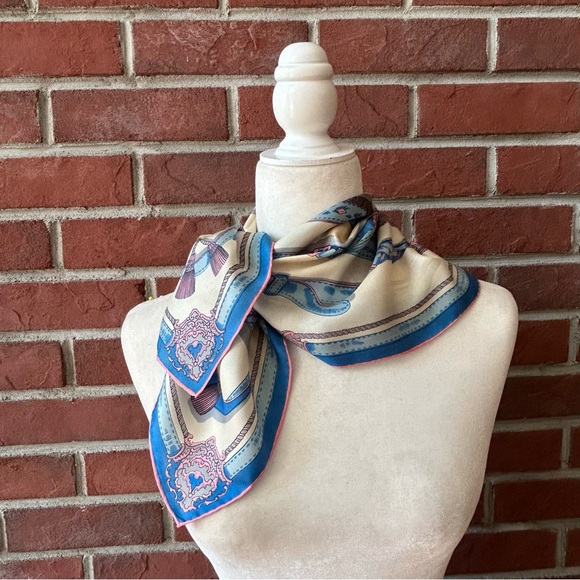 •Silk Handrolled Blue Pink Cream Graphic Square Scarf 22”x23” Made In Japan - Picture 5 of 14